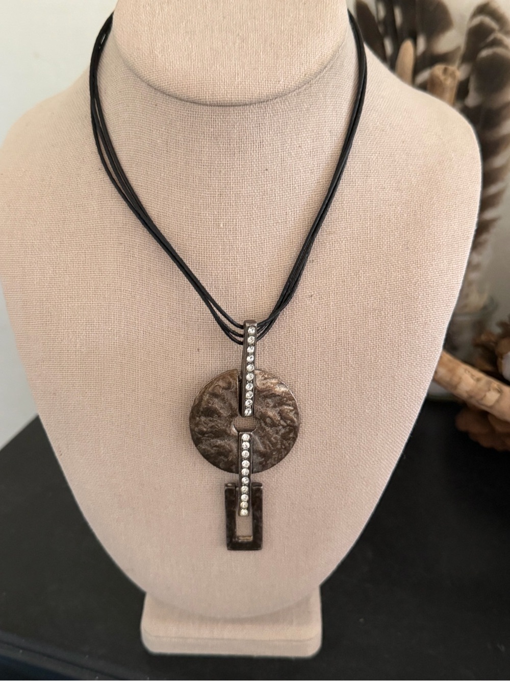 Vintage Hammered Bronze & Silver Crystal Pendant Leather Cord Necklace